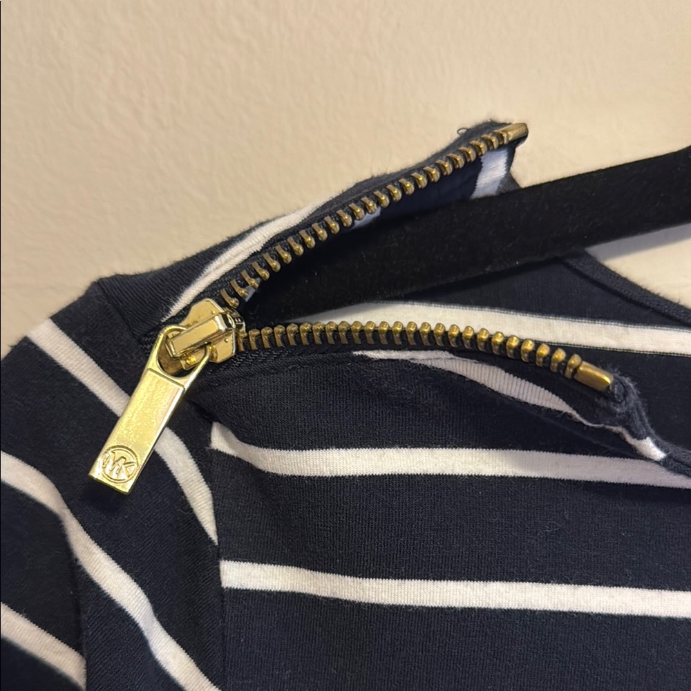 Michael Kors Navy and White Striped T shirt with Gold zipper details - Picture 5 of 7